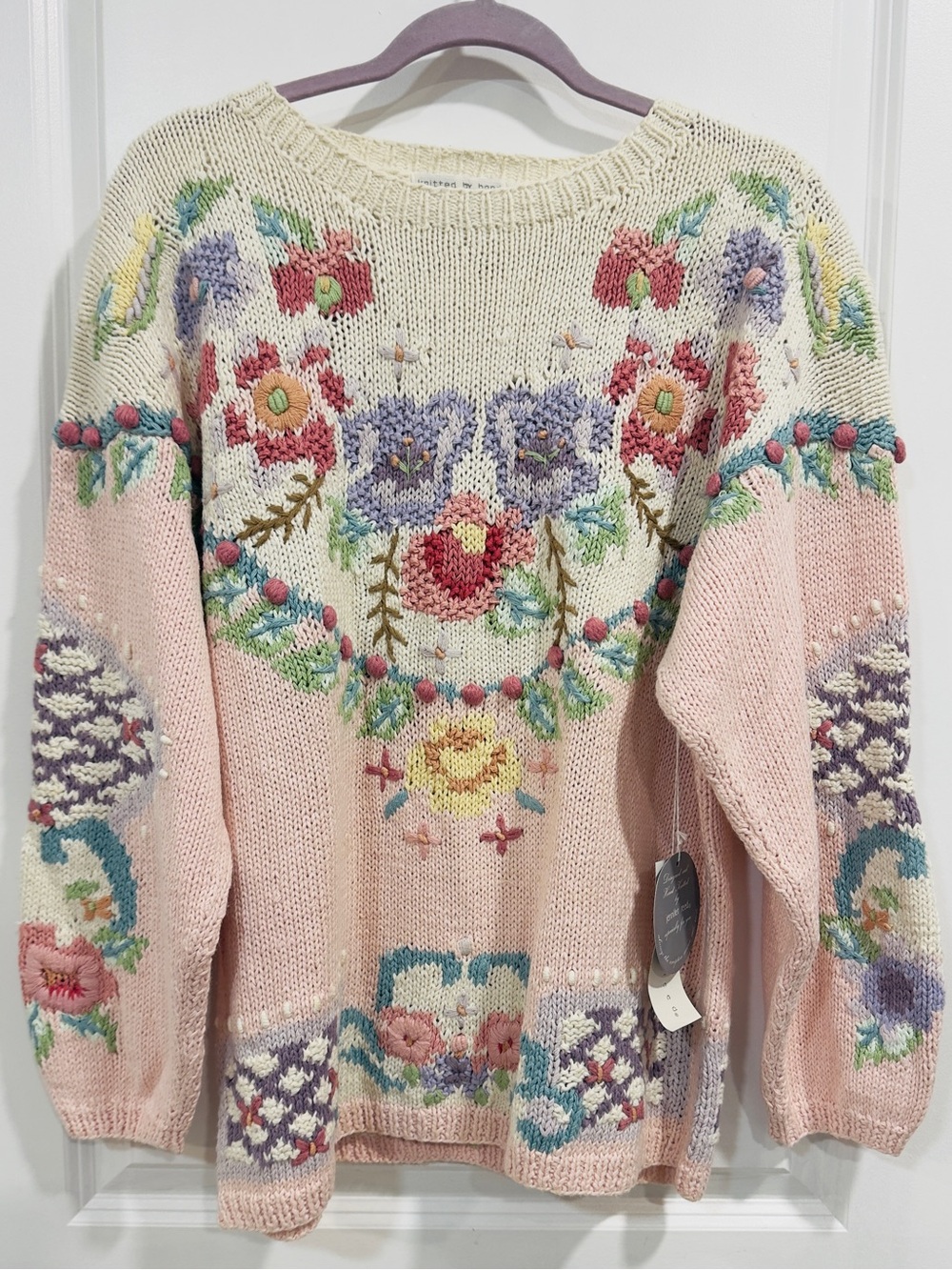 VTG Jennifer Reed Hand Knit Floral Embroidered Sweater Large Pastel Bobble NWT - Picture 2 of 10